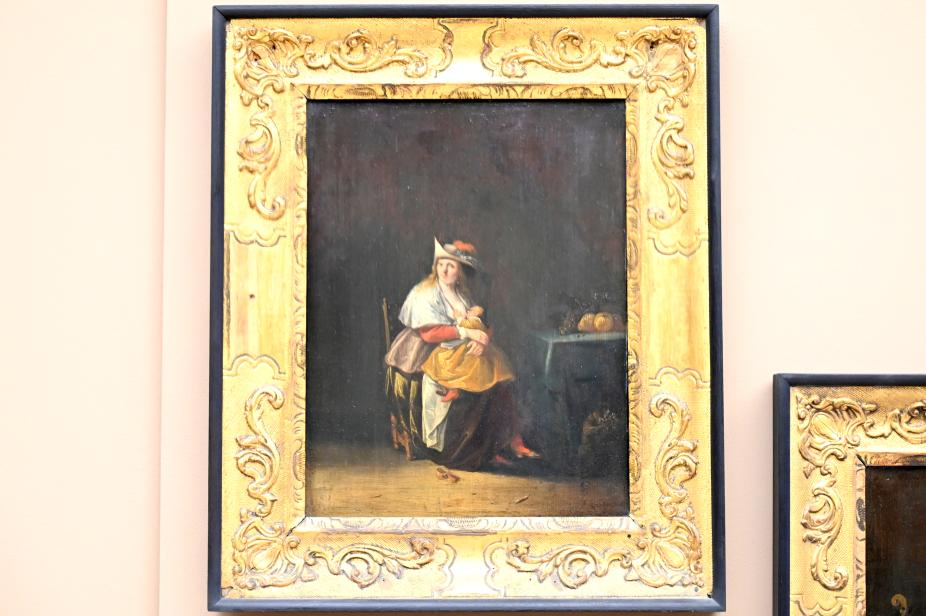 Anthonie Palamedesz. (1635–1665), Der Geschmack: Frau stillt ein Kind und Affe isst Obst, Paris, Musée du Louvre, Saal 902, um 1630–1640, Bild 1/3
