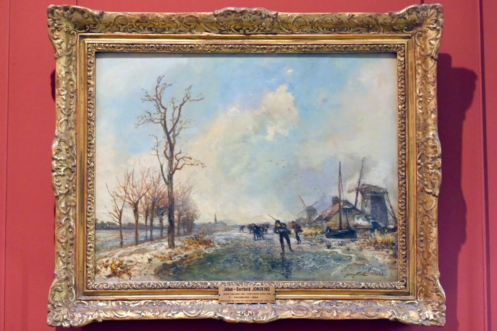Johan Barthold Jongkind (1854–1877), Holländische Schlittschuhläufer und zwei Windmühlen, Paris, Musée du Louvre, Saal 903, 1864, Bild 1/2