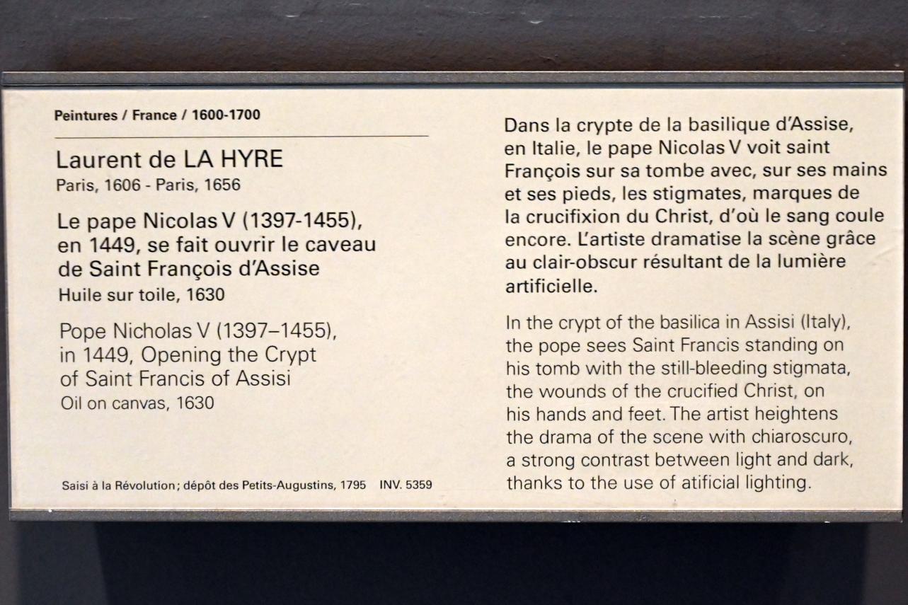 Laurent de La Hyre (1625–1653), Öffnung der Krypta des Hl. Franz von Assisi durch Papst Nikolaus V., Paris, Musée du Louvre, Saal 909, 1630, Bild 2/2