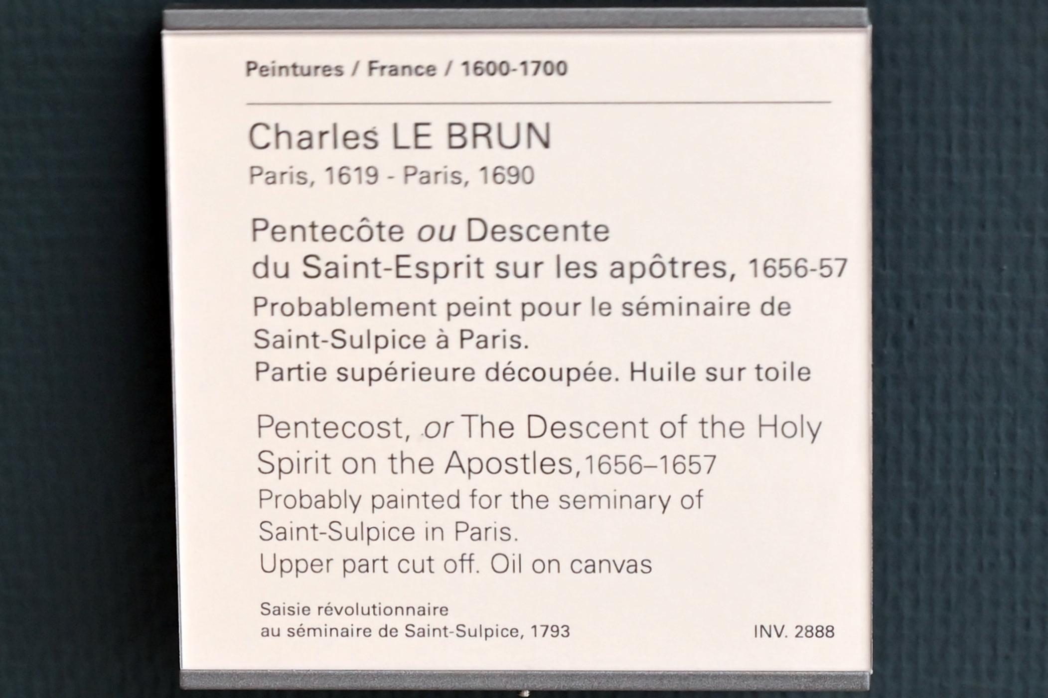 Charles Le Brun (1640–1689), Pfingsten oder die Herabkunft des Heiligen Geistes auf die Apostel, Paris, Priesterseminar St. Sulpice, jetzt Paris, Musée du Louvre, Saal 913, 1656–1657, Bild 2/2
