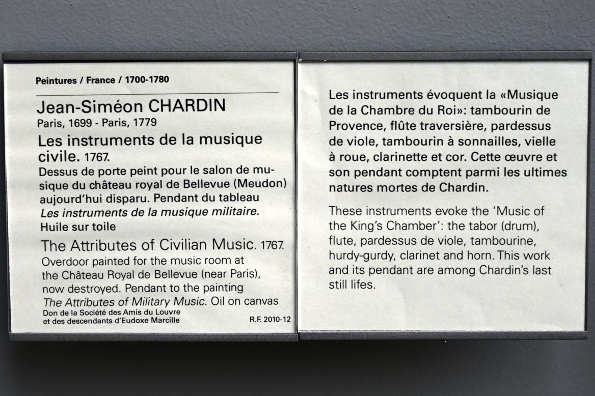 Jean Siméon Chardin (1725–1768), Die Musikinstrumente der zivilen Musik, Meudon, Château de Bellevue, jetzt Paris, Musée du Louvre, Saal 919, 1767, Bild 2/2