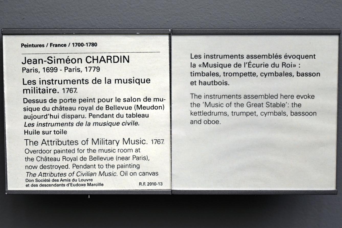 Jean Siméon Chardin (1725–1768), Die Musikinstrumente der Militärmusik, Meudon, Château de Bellevue, jetzt Paris, Musée du Louvre, Saal 919, 1767, Bild 2/2