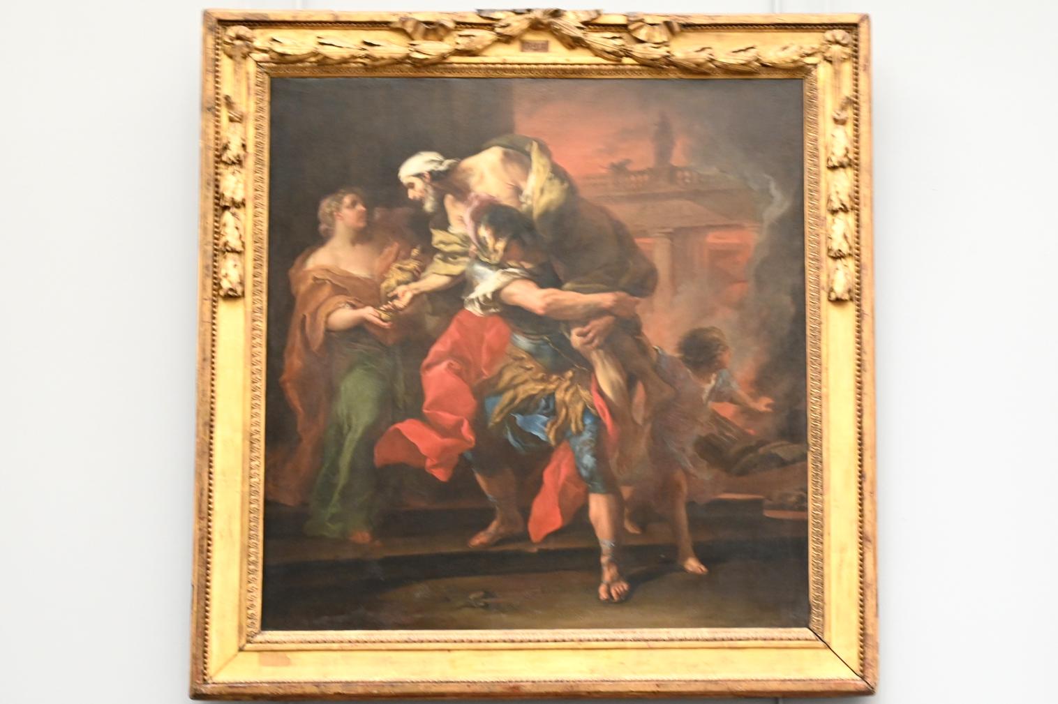 Charles André van Loo (1729–1737), Aeneas rettet seinen Vater Anchises und seinen Sohn Ascanius aus dem brennenden Troja, Paris, Musée du Louvre, Saal 919, 1729, Bild 1/2