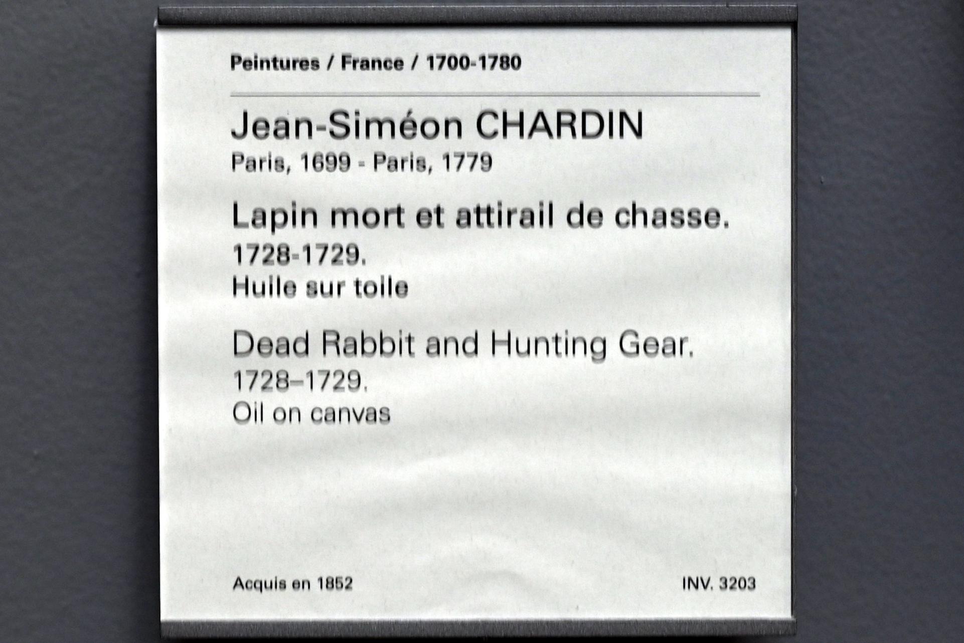 Jean Siméon Chardin (1725–1768), Totes Kaninchen und Jagdausrüstung, Paris, Musée du Louvre, Saal 920, 1728–1729, Bild 2/2