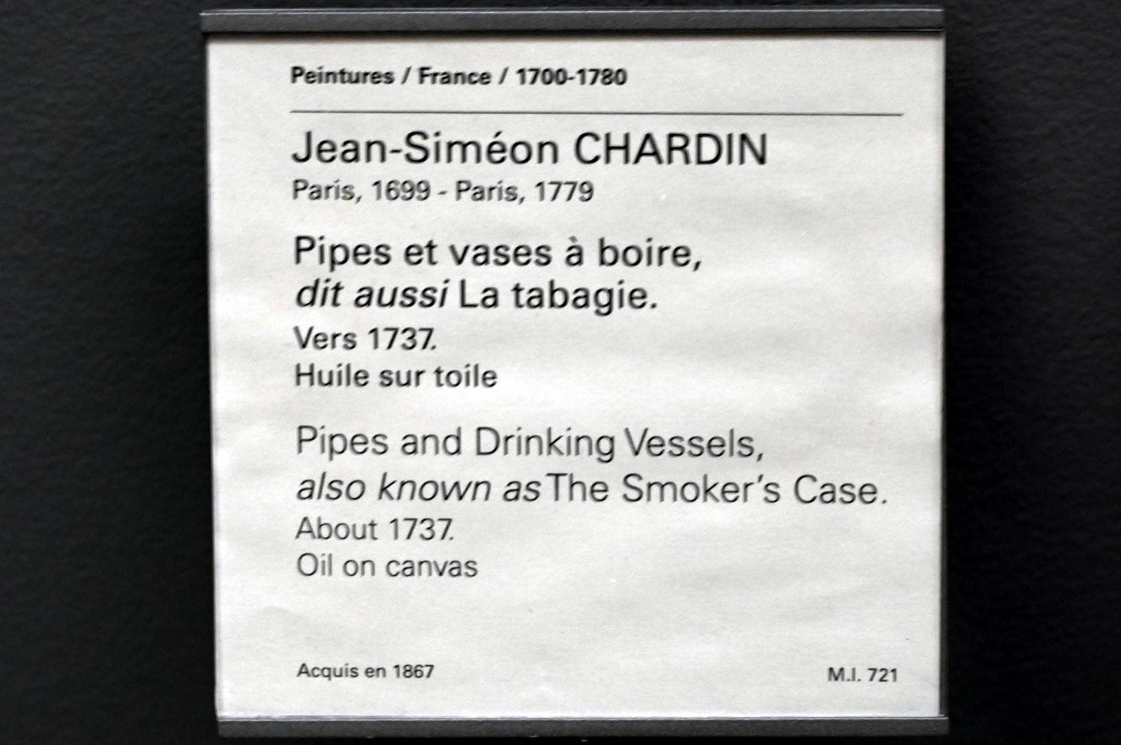 Jean Siméon Chardin (1725–1768), Pfeifen und Trinkgefäße (Das Raucherkästchen), Paris, Musée du Louvre, Saal 920, um 1737, Bild 2/2