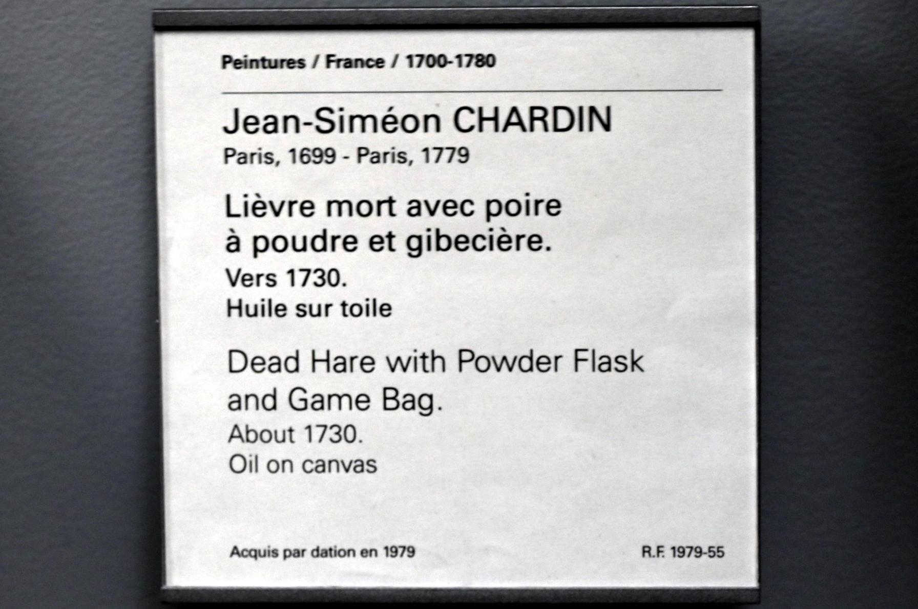 Jean Siméon Chardin (1725–1768), Toter Hase mit Pulverflasche und Wildbeutel, Paris, Musée du Louvre, Saal 920, um 1730, Bild 2/2