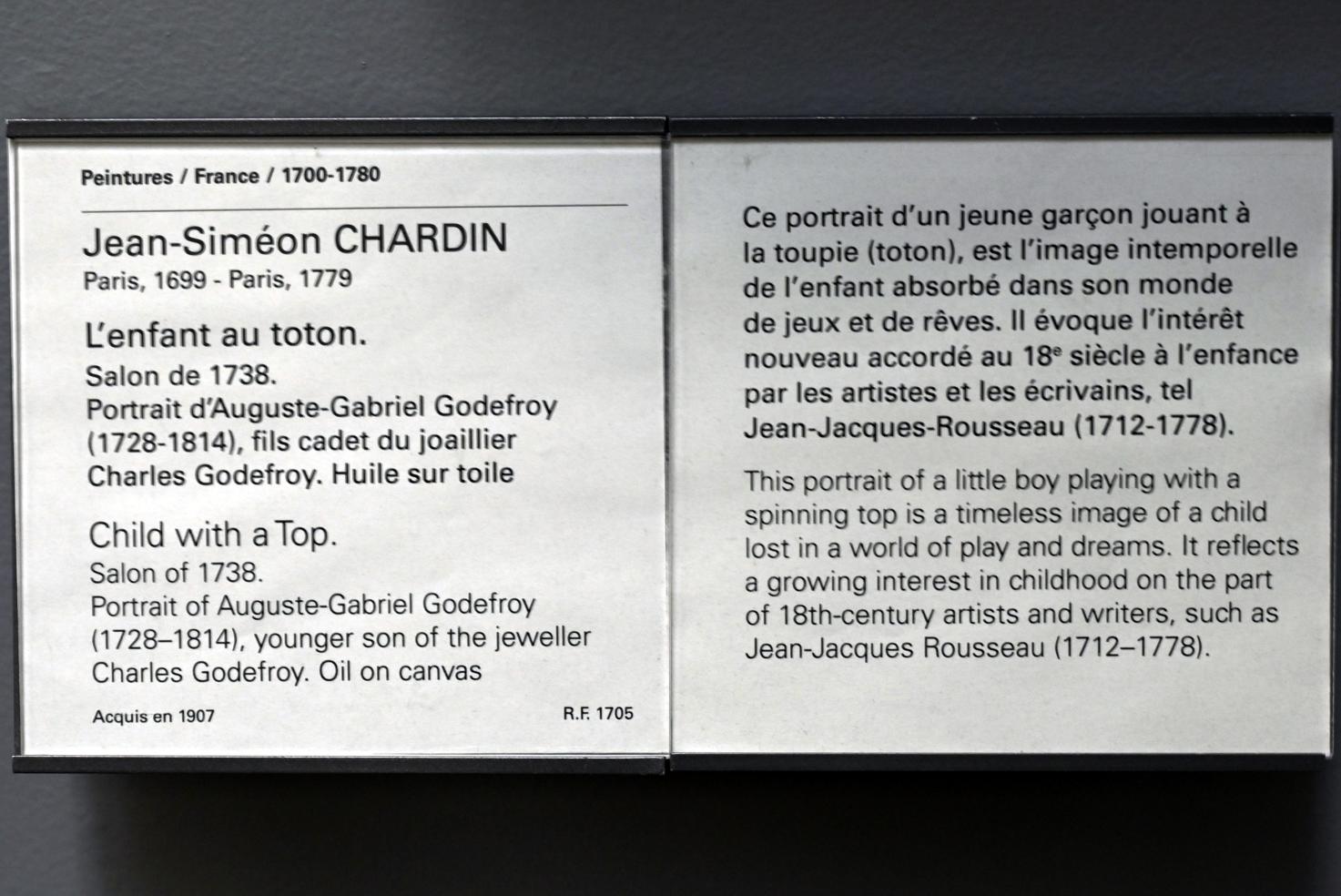 Jean Siméon Chardin (1725–1768), Junge mit Nimm-Gib-Kreisel (Porträt von Auguste-Gabriel Godefroy (1728-1814), jüngster Sohn des Juweliers Charles Godefroy), Paris, Musée du Louvre, Saal 920, Undatiert, Bild 2/2