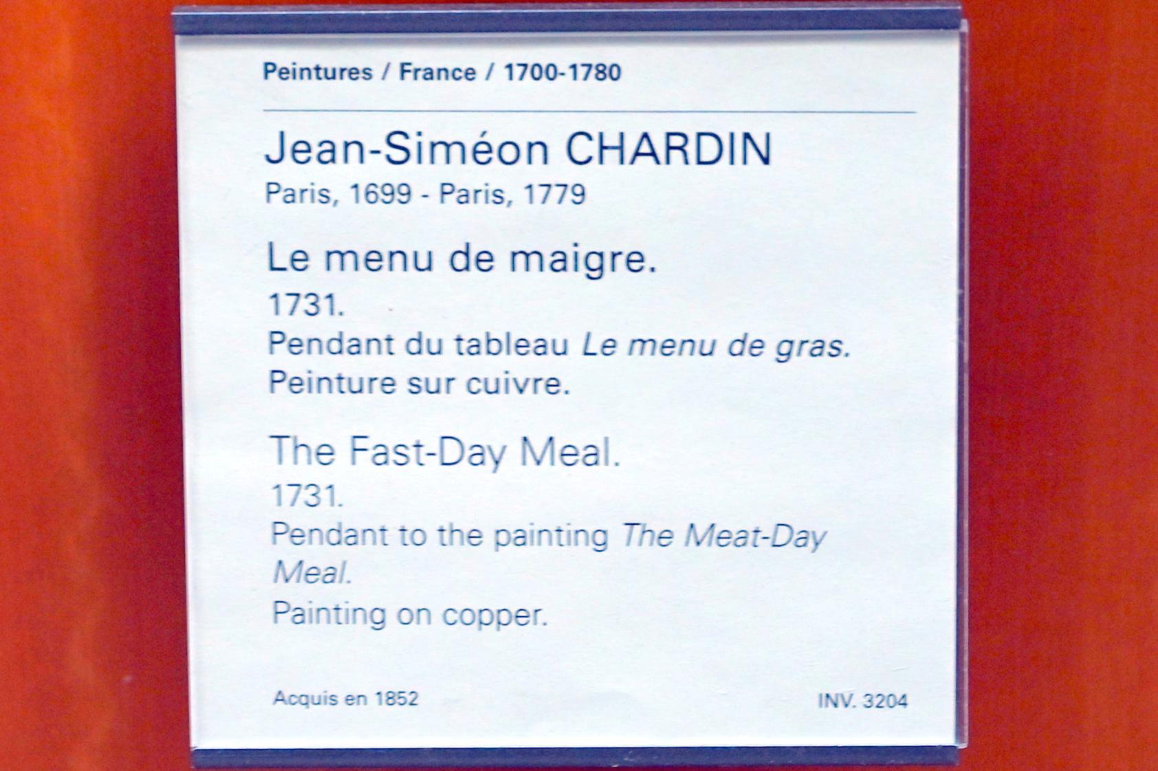 Jean Siméon Chardin (1725–1768), Das Alltagsessen, Paris, Musée du Louvre, Saal 920, 1731, Bild 2/2