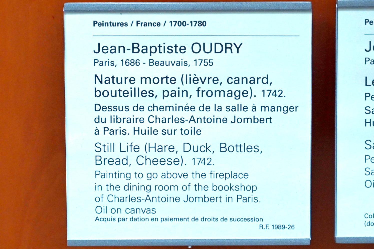 Jean-Baptiste Oudry (1724–1753), Stillleben (Hase, Ente, Flaschen, Brot, Käse), Paris, Musée du Louvre, Saal 921, 1742, Bild 2/2