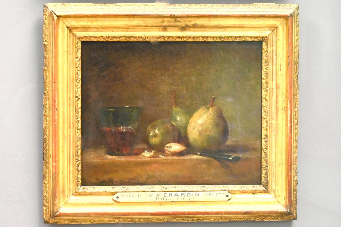 Jean Siméon Chardin (1725–1768), Birnen, Nüsse und ein Glas Wein, Paris, Musée du Louvre, Saal 928, um 1763, Bild 1/2