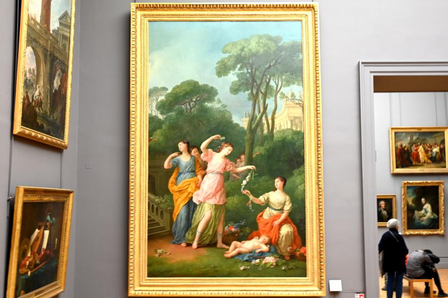 Joseph-Marie Vien (1750–1786), Junge griechische Mädchen schmücken den schlafenden Amor mit Blumen, Louveciennes, Château de Madame du Barry, jetzt Paris, Musée du Louvre, Saal 933, 1773, Bild 1/2