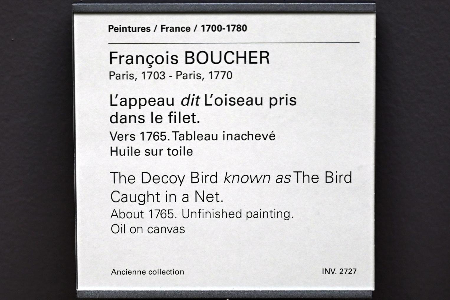 François Boucher (1728–1800), Der Lockvogel (Der im Netz gefangene Vogel), Paris, Musée du Louvre, Saal 933, um 1765, Bild 2/2