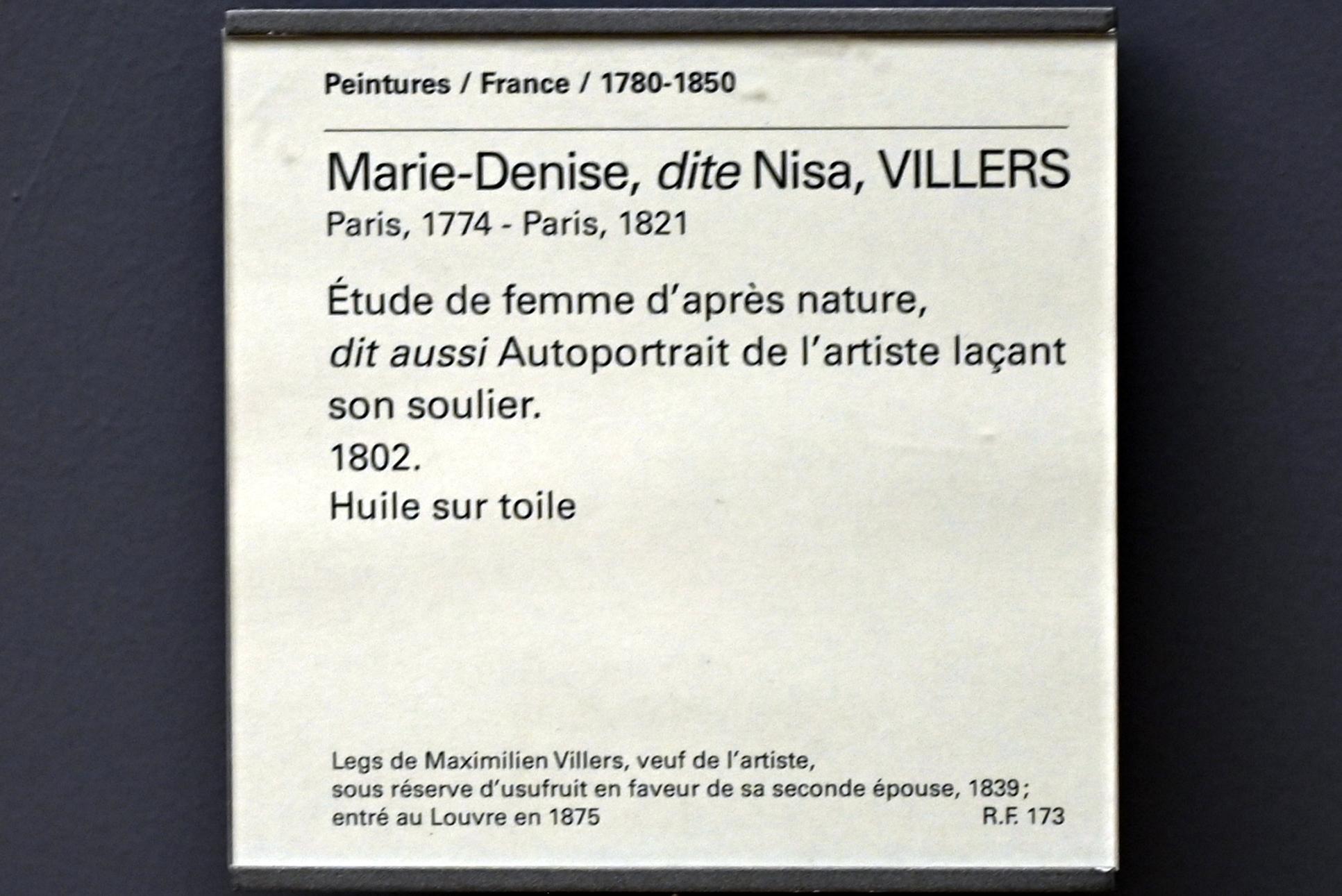 Marie-Denise Villers (1801–1802), Studie einer Frau in der Natur (Selbstporträt der Künstlerin beim Schnüren ihres Schuhs), Paris, Musée du Louvre, Saal 935, 1802, Bild 2/2