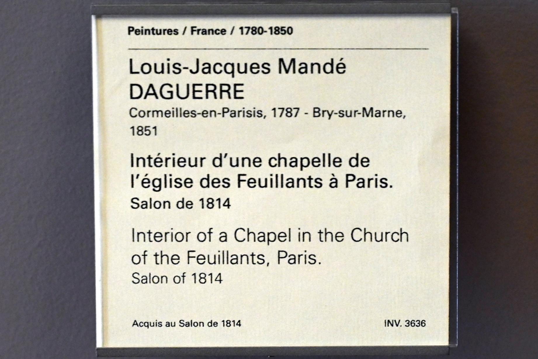 Louis Daguerre (1813), Innenraum einer Kapelle in der Feuillantenkirche in Paris, Paris, Musée du Louvre, Saal 937, vor 1814, Bild 2/2