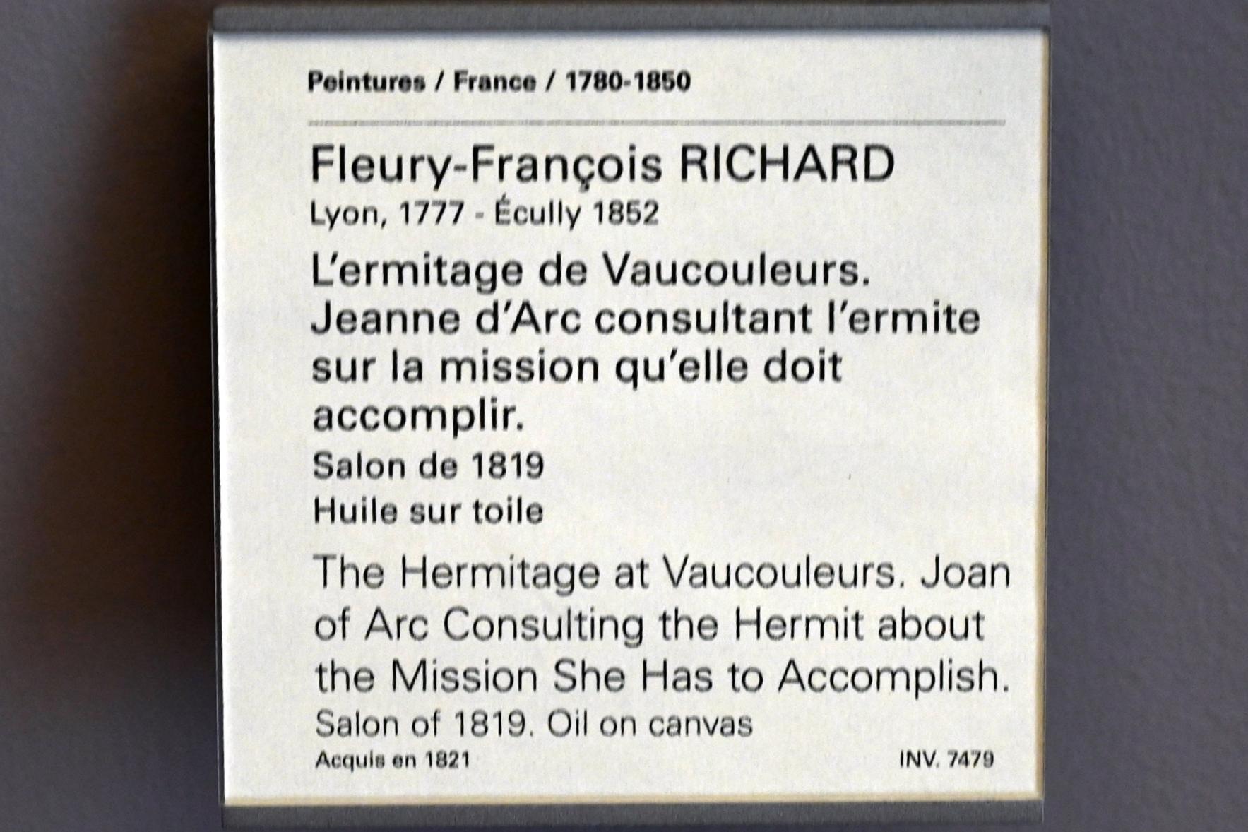 Fleury François Richard (1818), Jeanne d’Arc berät die Einsiedlerin von Vaucouleurs über die Mission, die sie erfüllen muss., Paris, Musée du Louvre, Saal 937, vor 1819, Bild 2/2