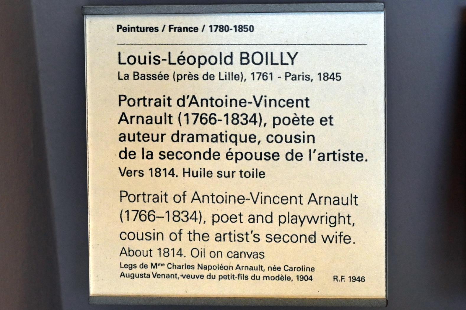 Louis-Léopold Boilly (1790–1818), Porträt des Antoine-Vincent Arnault (1766-1834), Dichter und Dramatiker, Cousin der zweiten Frau des Künstlers, Paris, Musée du Louvre, Saal 938, um 1814, Bild 2/2