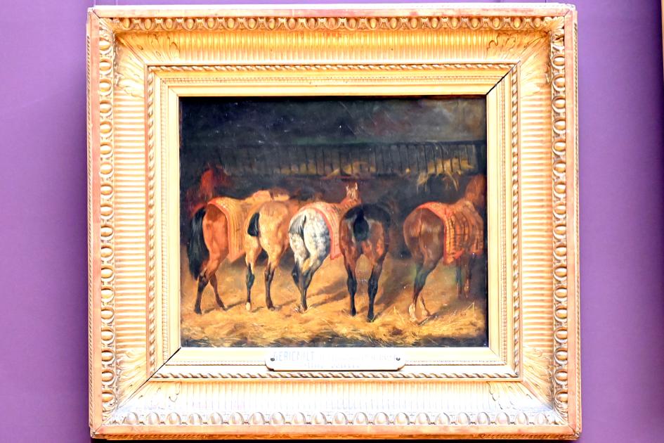 Théodore Géricault (1811–1822), Fünf Pferde in Rückansicht in einem Stall, Paris, Musée du Louvre, Saal 941, um 1820–1822, Bild 1/2