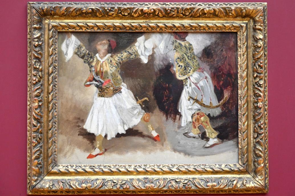Eugène Delacroix (1820–1862), Zwei tanzende griechische Krieger (Studie zu Souliote-Kostümen), Paris, Musée du Louvre, Saal 942, um 1824–1825, Bild 1/2