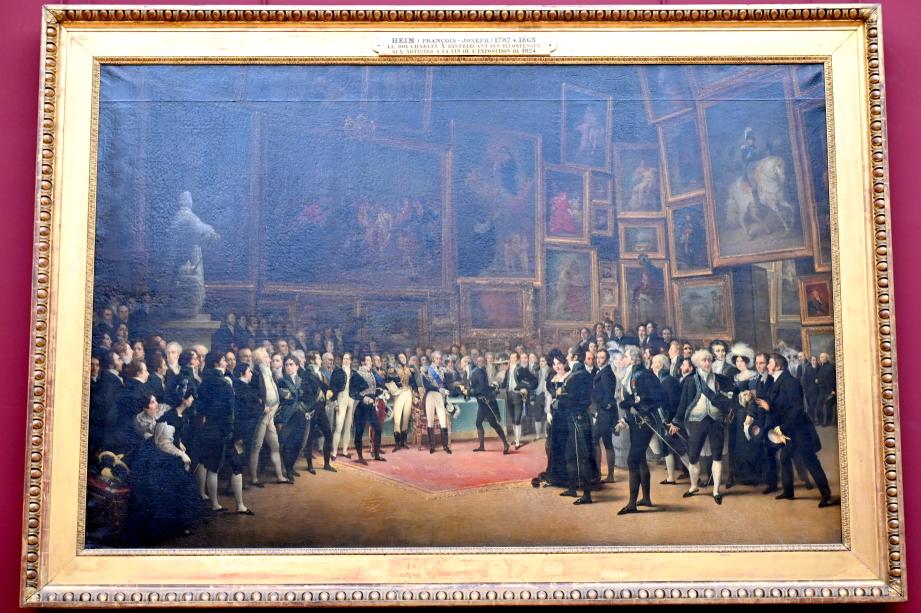 François-Joseph Heim (1816–1826), König Karl X. verteilt Auszeichnungen an Künstler am Ende des Salons von 1824 im großen Salon des Louvre, Paris, Musée du Louvre, Saal 942, vor 1827