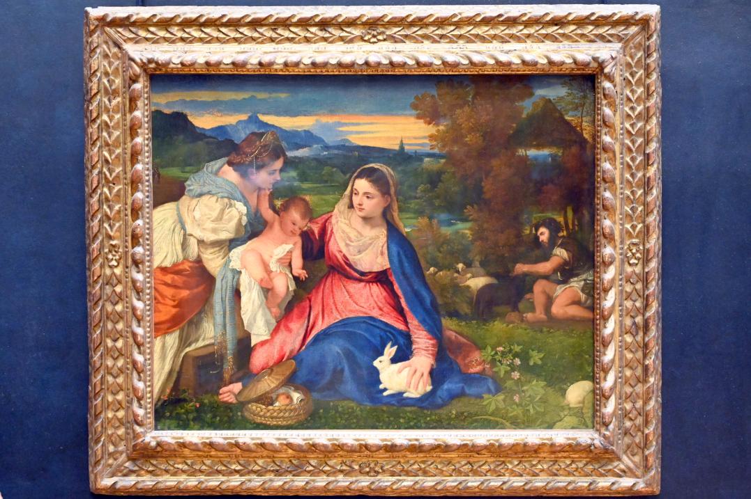 Tiziano Vecellio (Tizian) (1509–1575), Maria mit Kind, der heiligen Katharina und einem Hirten (Madonna mit dem Kaninchen), Paris, Musée du Louvre, Saal 711, um 1525–1530, Bild 1/2