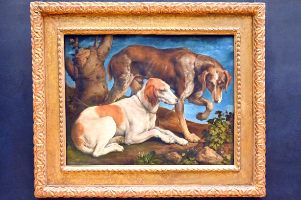 Jacopo Bassano (da Ponte) (1539–1590), Zwei an einen Baumstumpf gebundene Jagdhunde, Paris, Musée du Louvre, Saal 711, 1548, Bild 1/2