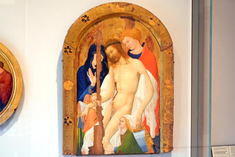 Brüder von Limburg (1407), Schmerzensmann, gestützt von Johannes dem Evangelisten, begleitet von der Jungfrau Maria und zwei Engeln, Paris, Musée du Louvre, Saal 834, um 1405–1410