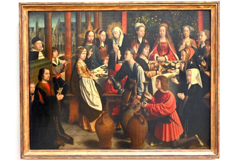 Gerard David (1475–1519), Die Hochzeit zu Kana mit Jean de Sedano, seinem Sohn und seiner Frau, Paris, Musée du Louvre, Saal 818, um 1500–1520, Bild 1/2
