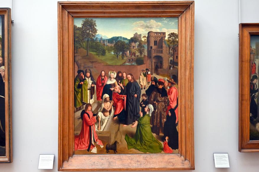Geertgen tot Sint Jans (1482–1490), Die Auferweckung des Lazarus mit einem Stifterpaar und ihrer Tochter, Paris, Musée du Louvre, Saal 818, um 1480–1485, Bild 1/2