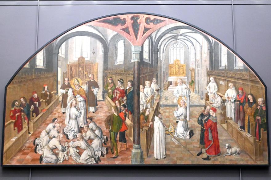 Meister der Brunolegende (1489), Die Heiligen Bruno und Hugo empfangen das Habit, Köln, Kölner Kartause St. Barbara, jetzt Paris, Musée du Louvre, Saal 819, um 1489, Bild 1/2