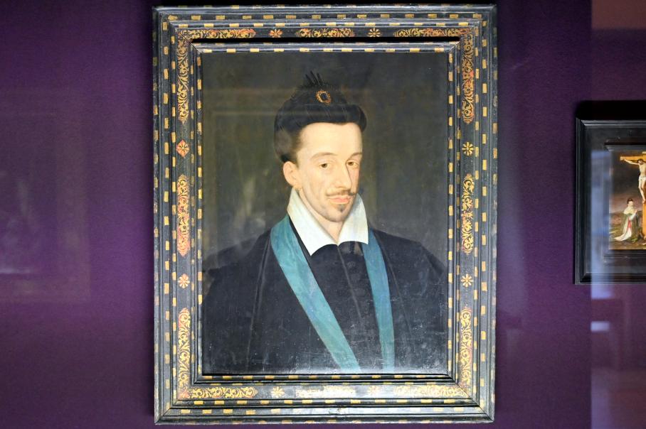 Porträt des Heinrich III., König von Frankreich von 1574 bis 1589, mit der blauen Kordel des Ordens vom Heiligen Geist, Paris, Musée du Louvre, Saal 822, um 1582–1586