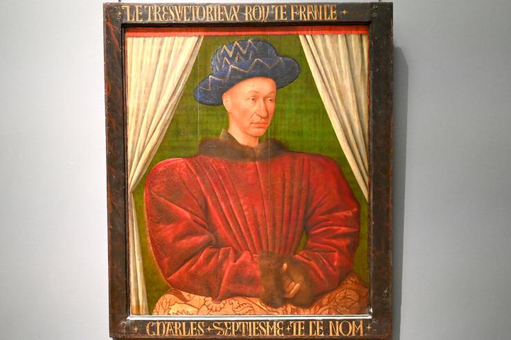 Jean Fouquet (1442–1465), Porträt des Karl VII., König von Frankreich von 1422 bis 1461, Paris, Musée du Louvre, Saal 820, um 1445–1450, Bild 1/2