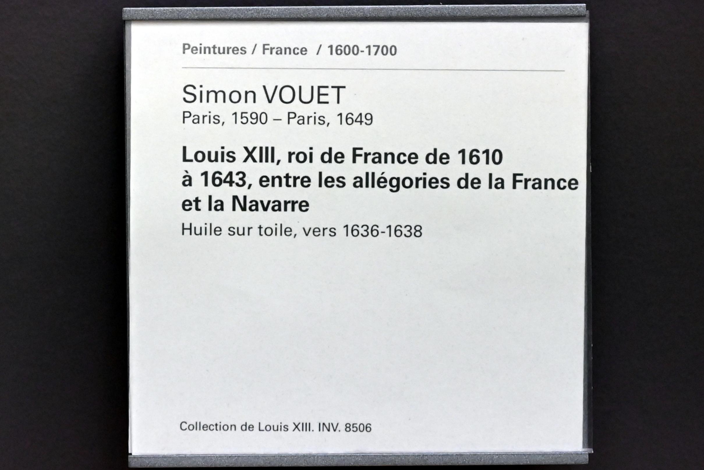 Simon Vouet (1616–1650), Ludwig XIII., König von Frankreich von 1610 bis 1643, zwischen den Allegorien Frankreichs und Navarra, Paris, Musée du Louvre, Saal 828, um 1636–1638, Bild 2/2