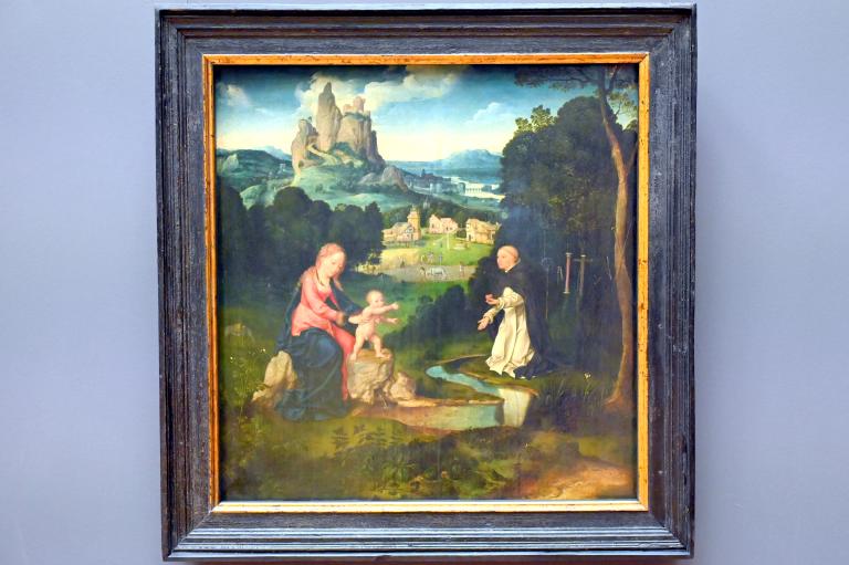 Joos van Cleve (Joos van der Beke) (1507–1538), Ein Mönch des Dominikanerordens schenkt der Jungfrau und dem Kind sein Herz, Paris, Musée du Louvre, Saal 814, um 1515–1518