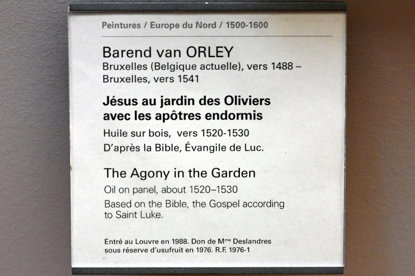 Bernard van Orley (1515–1530), Jesus auf dem Ölberg mit den schlafenden Aposteln, Paris, Musée du Louvre, Saal 815, um 1520–1530, Bild 2/2