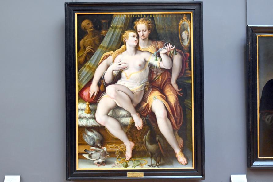 Jan van der Straet (Johannes Stradanus) (1569), Allegorien der Eitelkeit, der Mäßigung (oder der Bescheidenheit) und des Todes, Paris, Musée du Louvre, Saal 811, 1569, Bild 1/2