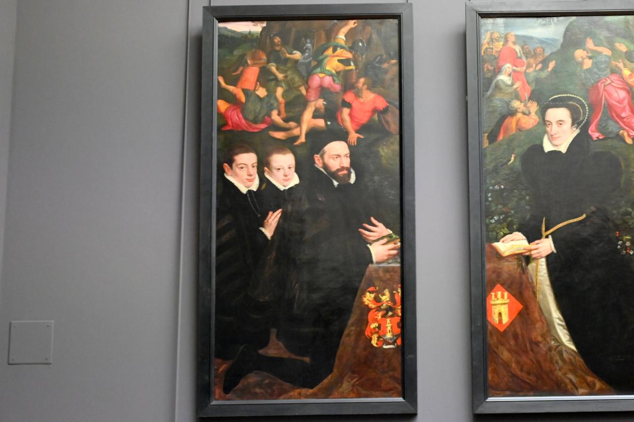 Adriaen Thomasz Key (1567–1579), Antonio del Rio (gest. 1586), Herr von Aertseleer, und seine beiden Söhne vor einer Auferstehung Christi, Paris, Musée du Louvre, Saal 811, um 1565–1570, Bild 1/2