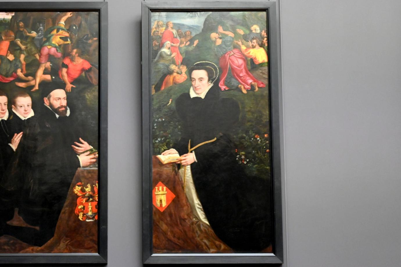 Adriaen Thomasz Key (1567–1579), Leonor Lopez de Villanova (gest. 1602), Ehefrau von Antonio del Rio vor einer Auferstehung Christi, Paris, Musée du Louvre, Saal 811, um 1565–1570, Bild 1/2