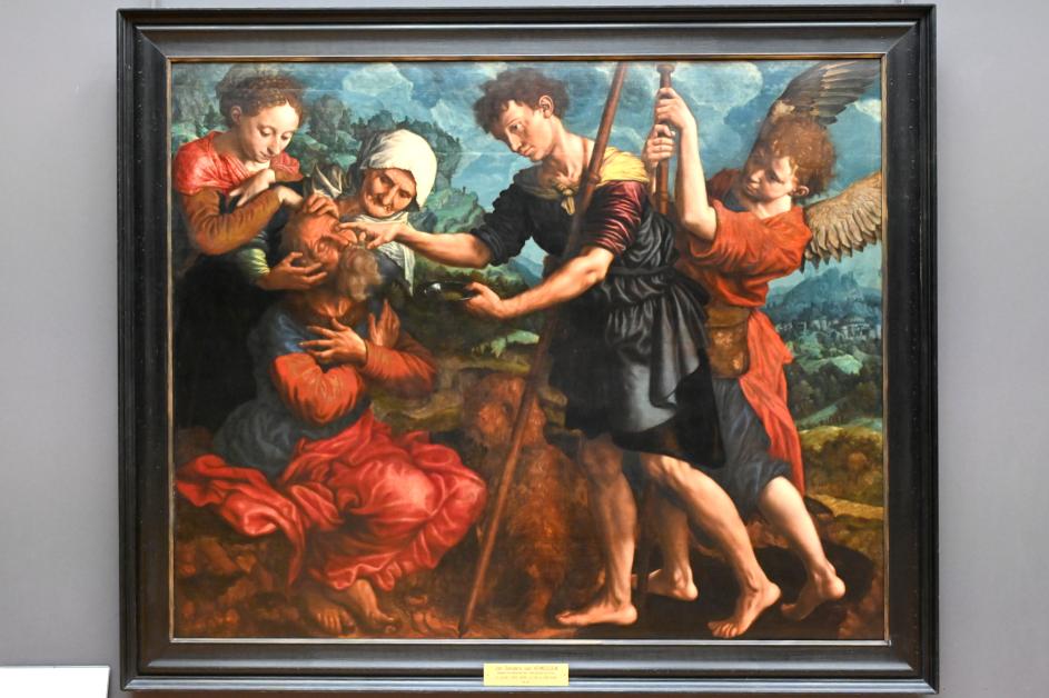 Jan Sanders van Hemessen (1530–1555), Der junge Tobias stellt mit der Hilfe des Erzengels Raphael seinem alten Vater das Augenlicht wieder her, Paris, Musée du Louvre, Saal 811, 1555