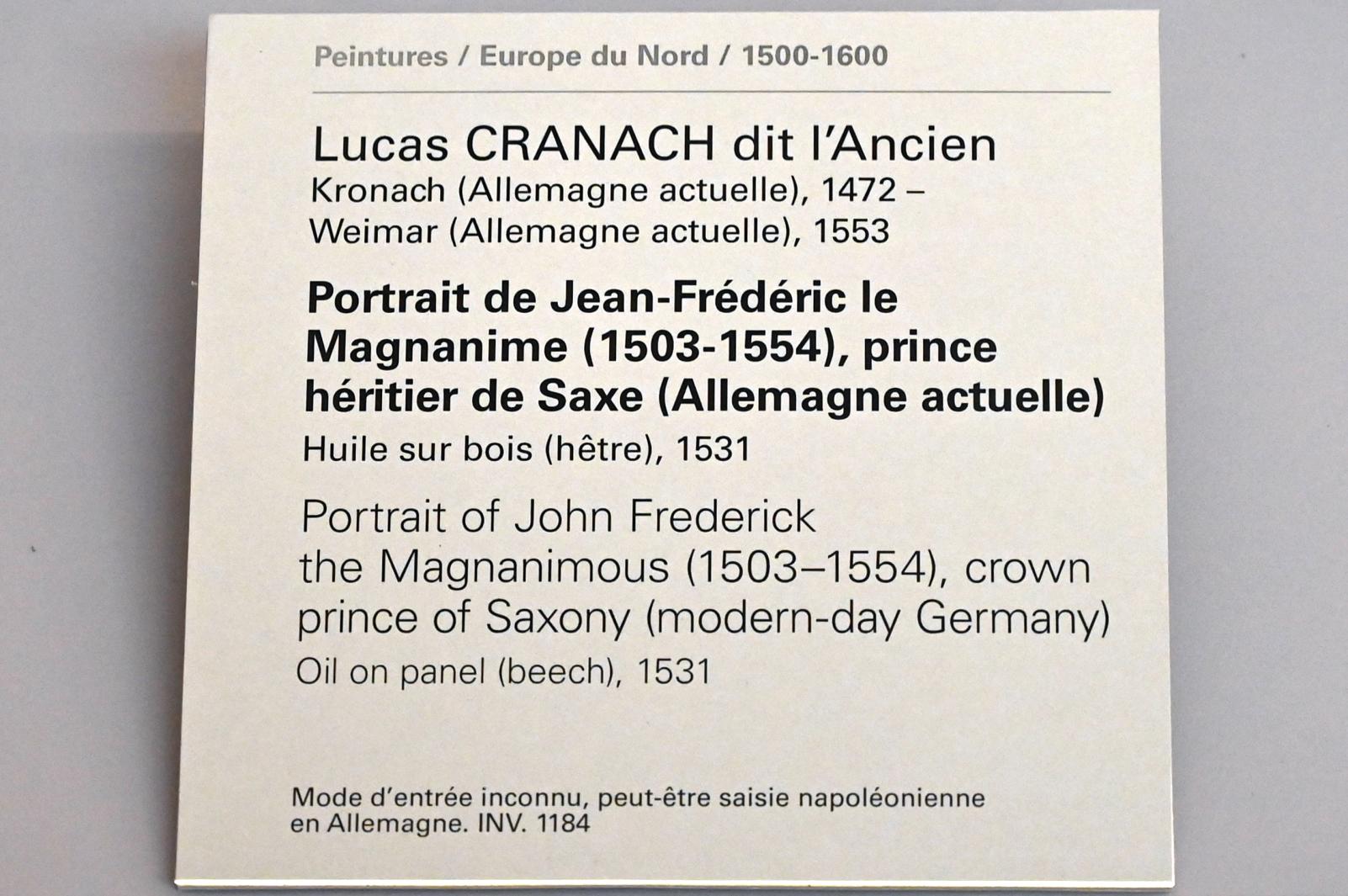 Lucas Cranach der Ältere (1502–1550), Porträt des Johann Friedrich I. (der Großmütige) (1503-1554), Kronprinz von Sachsen, Paris, Musée du Louvre, Saal 810, 1531, Bild 2/2
