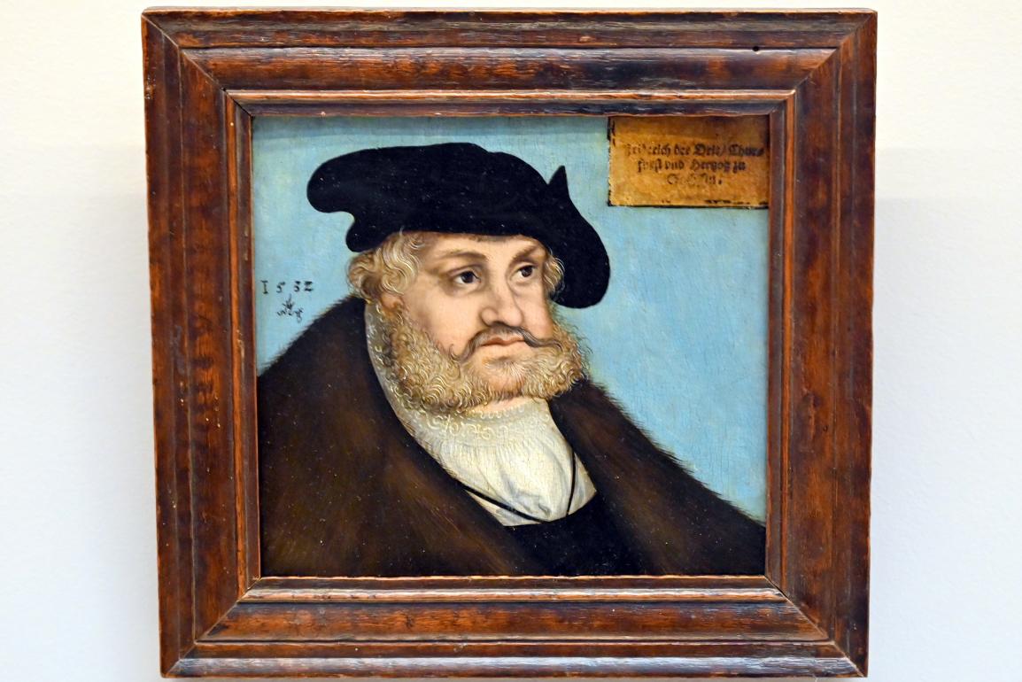 Lucas Cranach der Ältere (Werkstatt) (1515–1550), Porträt des Friedrich III. dem Weisen. (1463–1525), Kurfürst von Sachsen, Paris, Musée du Louvre, Saal 810, 1532, Bild 1/2