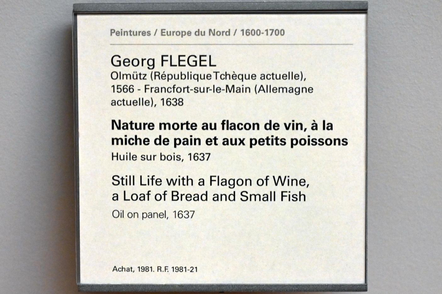Georg Flegel (1595–1638), Stillleben mit einer Flasche Wein, einem Laib Brot und kleinen Fischen, Paris, Musée du Louvre, Saal 807, 1637, Bild 2/2