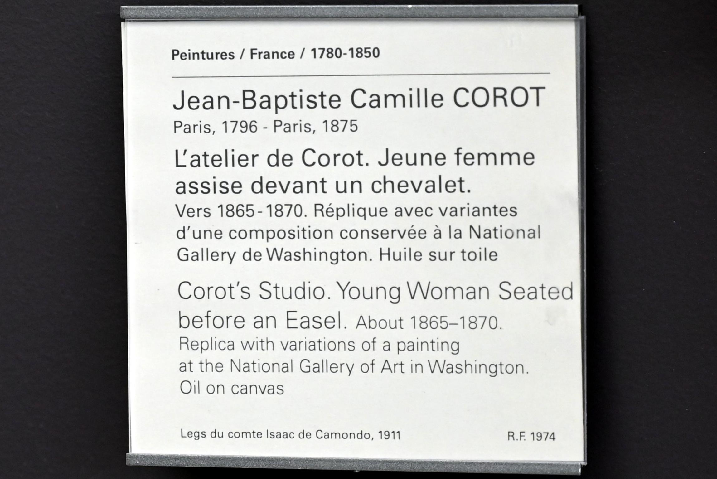 Jean-Baptiste Camille Corot (1823–1874), Junge Frau in Corots Atelier vor einer Staffelei sitzend, Paris, Musée du Louvre, Saal 952, um 1865–1870, Bild 2/2