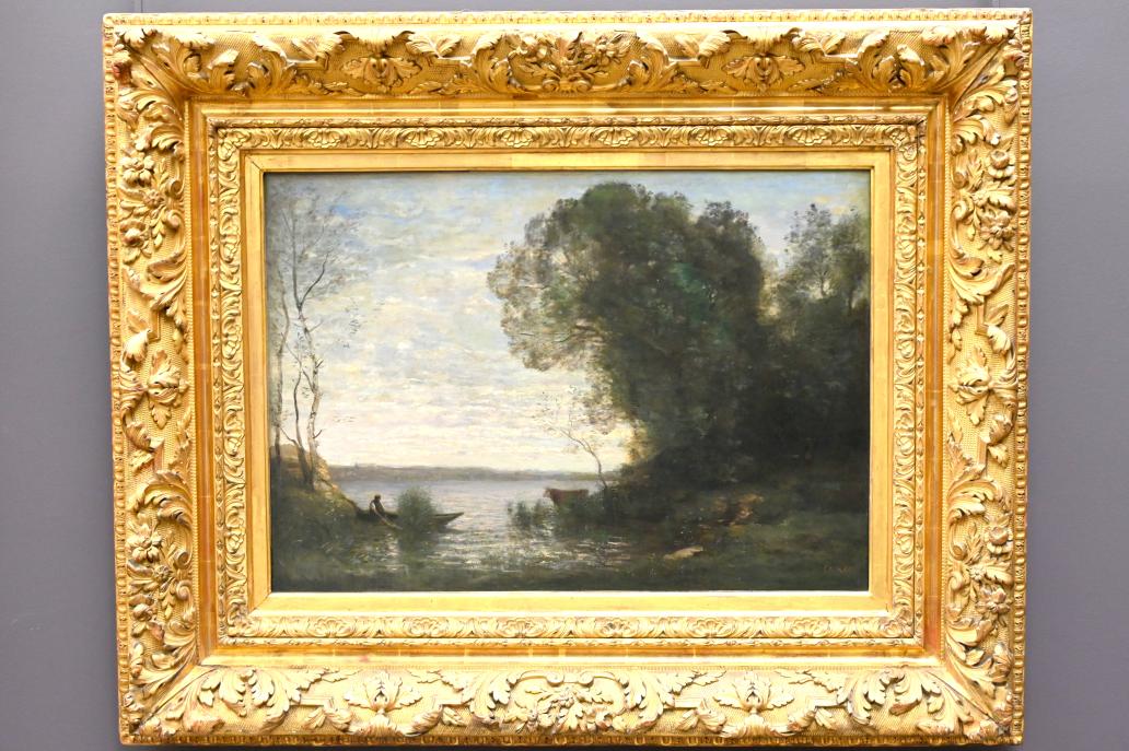 Jean-Baptiste Camille Corot (1823–1874), Abendliches Festmachen des Bootes am Ufer, Paris, Musée du Louvre, Saal 952, vor 1855, Bild 1/2