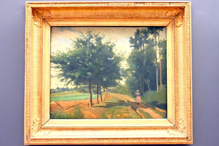 Jean-Baptiste Camille Corot (1823–1874), Der Weg entlang des Waldes rund um Mortain in der Normandie, Paris, Musée du Louvre, Saal 948, um 1840, Bild 1/2