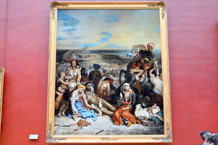 Eugène Delacroix (1820–1862), Szene des Massakers von Chios; griechische Familien, die auf Tod oder Sklaverei warten, Paris, Musée du Louvre, Saal 700, vor 1824, Bild 1/2