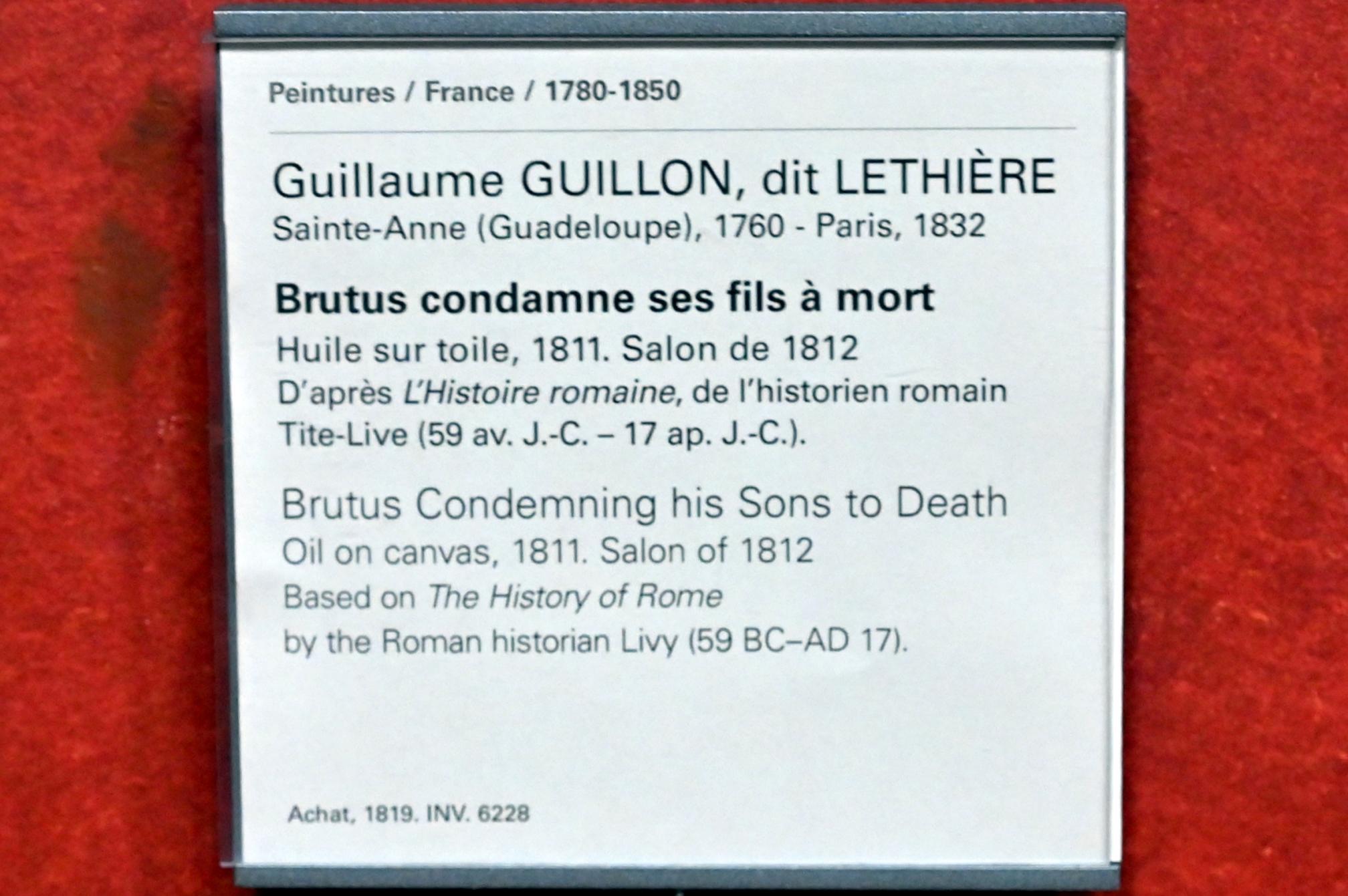 Guillaume Guillon-Lethière (1811–1828), Brutus verurteilt seine Söhne zum Tode, Paris, Musée du Louvre, Saal 701, 1811, Bild 2/2