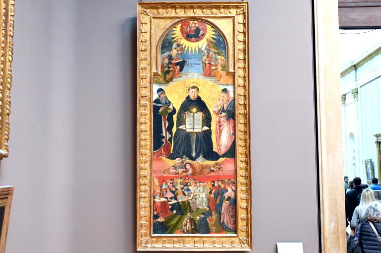 Benozzo Gozzoli (1456–1472), Der Triumph des Heiligen Thomas von Aquin, Pisa, Dom Santa Maria Assunta, jetzt Paris, Musée du Louvre, Saal 708, um 1470–1475, Bild 1/2