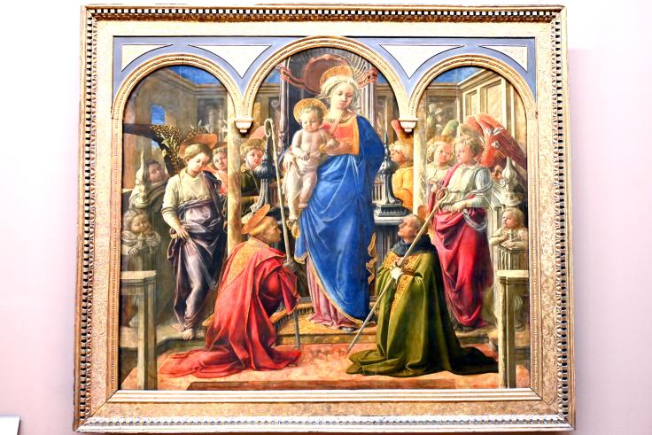 Fra Filippo Lippi (1426–1462), Die Jungfrau Maria und das Jesuskind, umgeben von Engeln, dem Heiligen Frediano und dem Heiligen Augustinus (Barbadori-Altar), Paris, Musée du Louvre, Saal 708, 1437, Bild 1/2