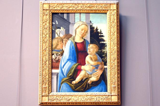 Filippino Lippi (1473–1500), Die Jungfrau Maria und das Jesuskind mit zwei Engeln (Maria mit dem Granatapfel), Paris, Musée du Louvre, Saal 708, um 1472–1475, Bild 1/2