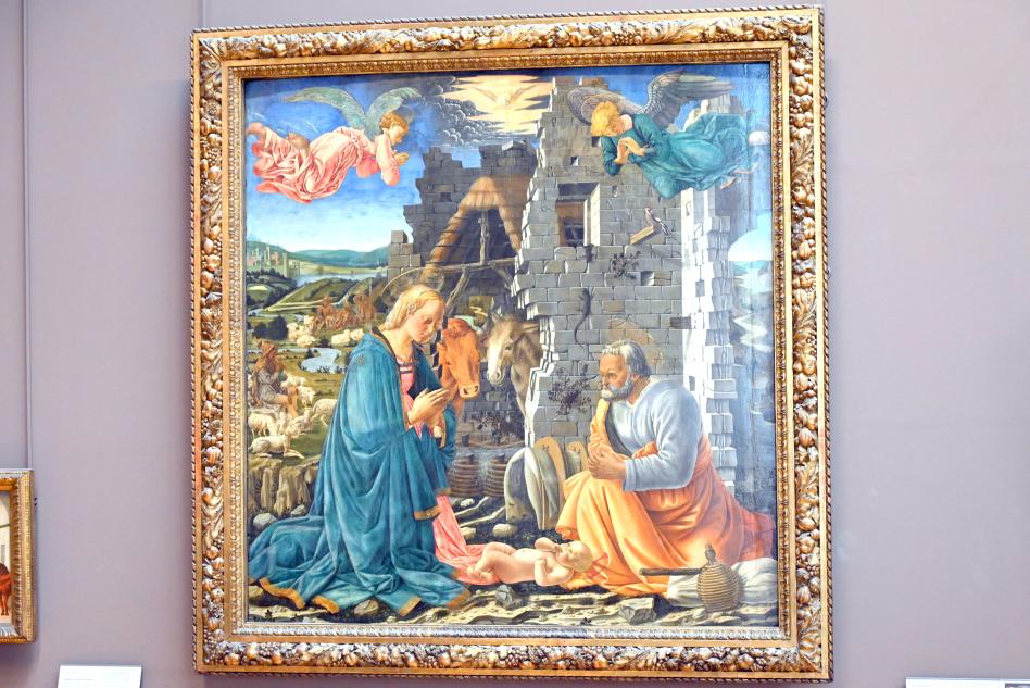 Fra Diamante (1467), Die Geburt des Jesuskindes, umgeben von der Jungfrau Maria, Josef und zwei Engeln, Prato, Chiesa di Santa Margherita, jetzt Paris, Musée du Louvre, Saal 708, um 1465–1470, Bild 1/2